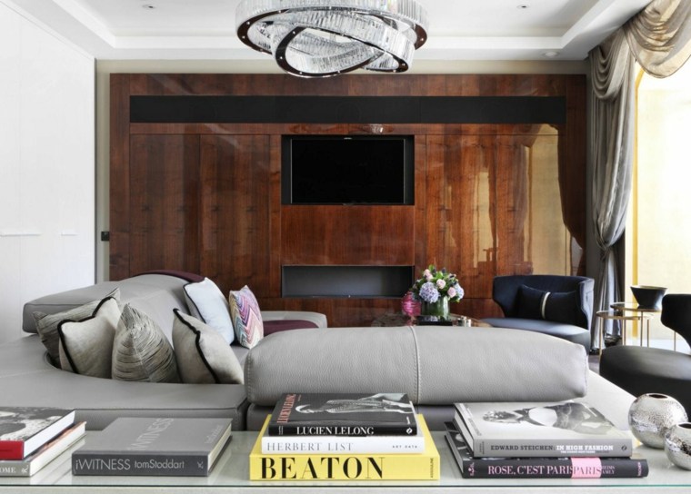 modernios deko sofos svetainės dizainas pilki odiniai baldai mediniai tele