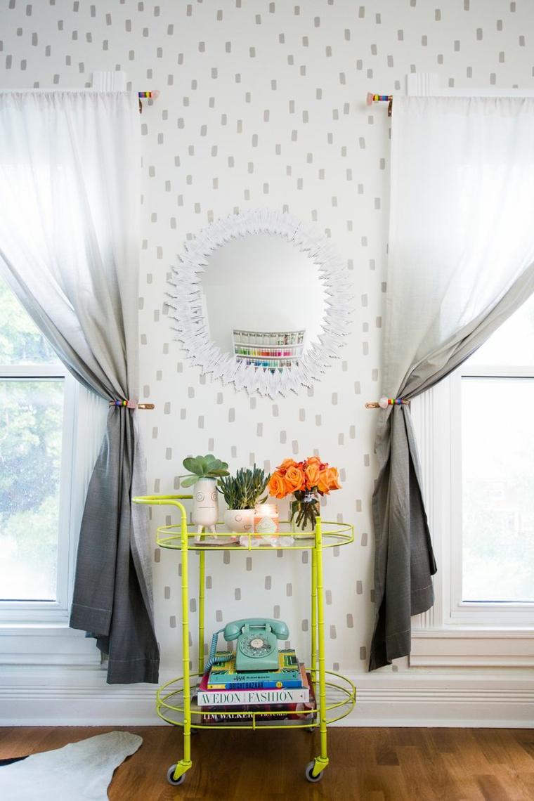 baltas sienų dekoras „pasidaryk pats“ užuolaidos svetainės veidrodžio rėmo šoninis stalas
