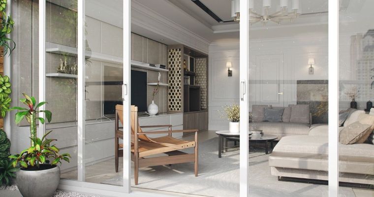 immagine soggiorno moderno con porta scorrevole del patio deco asiatico