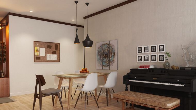 Moderno salotto orientale pianoforte sedia eames tavolo in legno parquet