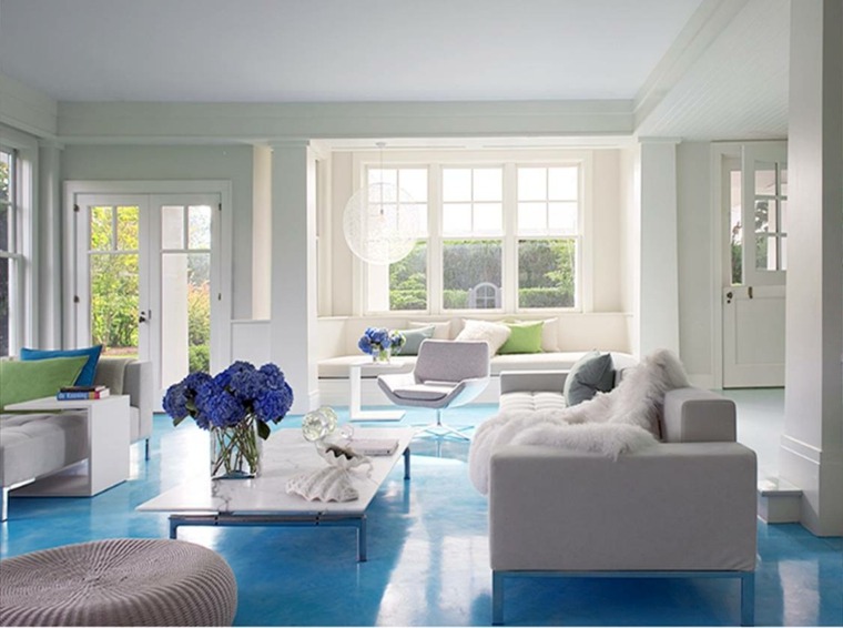 idee di vernice bianca pavimento blu soggiorno