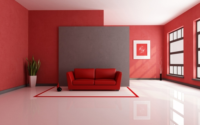 soggiorno in stile minimalista che dipinge pareti rosse decorative