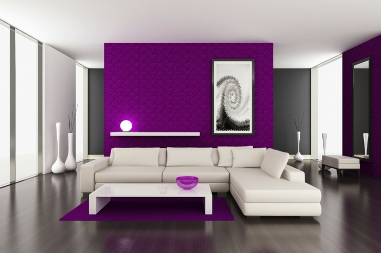 idee di decorazione con vernice bianca viola pareti interne soggiorno design