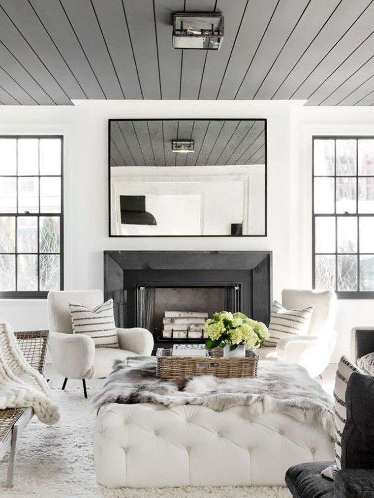 灰色と白のリビングルームの装飾暖炉-ペイント-天井