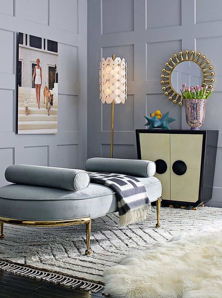 グレーと白のリビングルームの装飾カーペット-床-アクセント-ゴールド