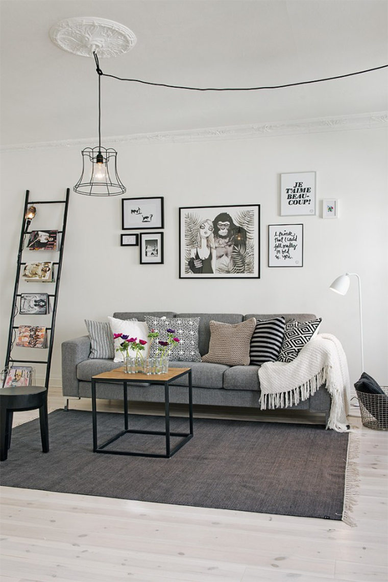 szürke és fehér nappali dekoráció skandináv-design-idee