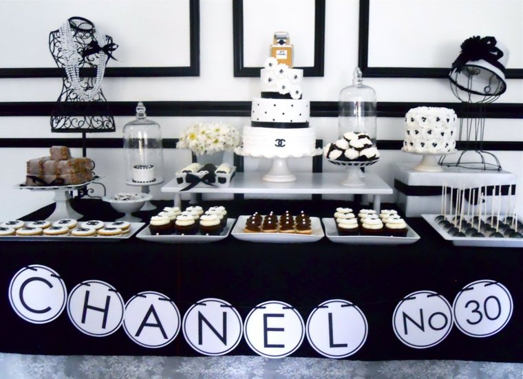 decorazione della tavola per il compleanno degli adulti a tema Coco Chanel