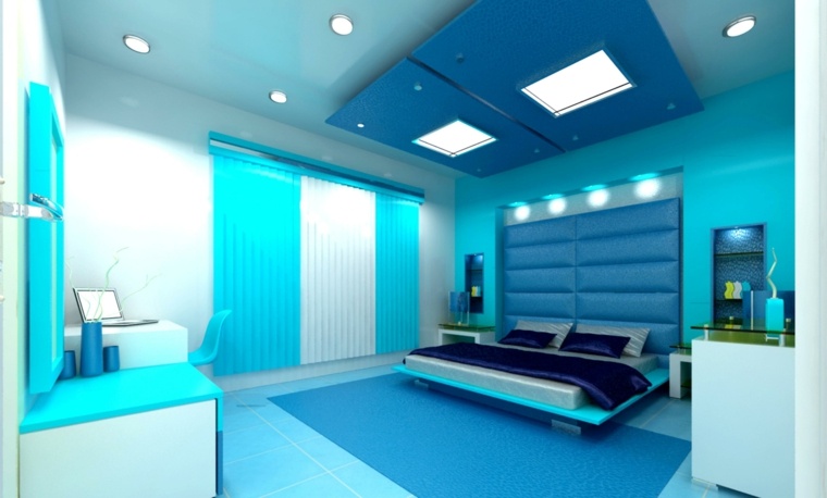 Mėlyna futuristinė šiuolaikiška suaugusiųjų miegamojo apdaila
