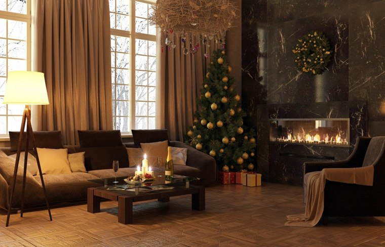Karácsonyi kandalló gyertyák arany karácsonyfa ajándékok játékok