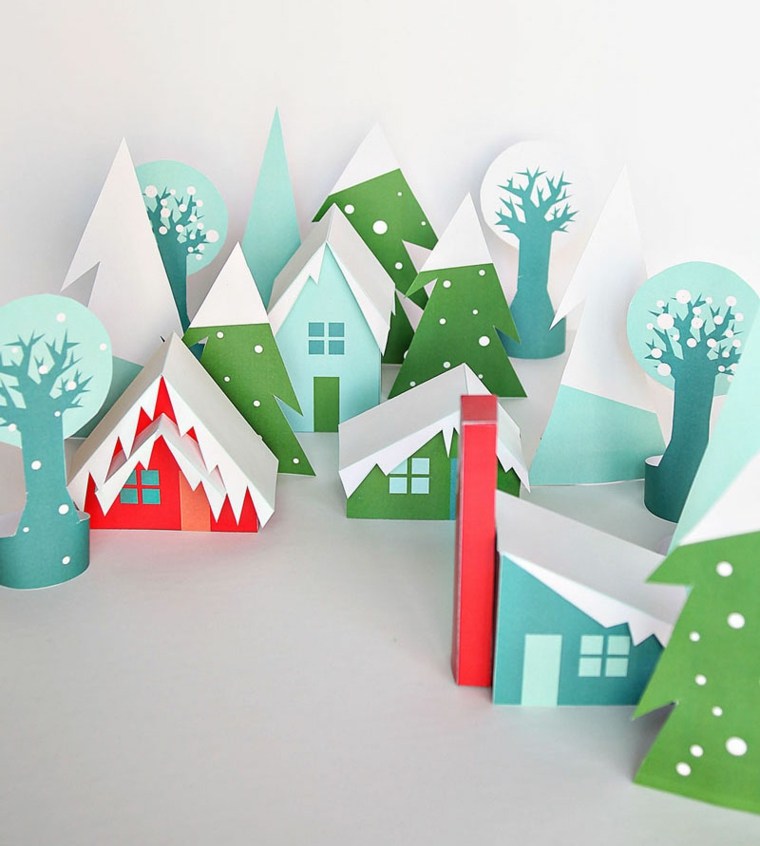 Decorazioni natalizie case colori neve alberi di carta abete