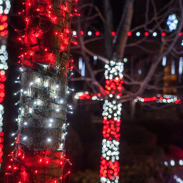 Kalėdų dekoravimas lauke šviesiais medžiais