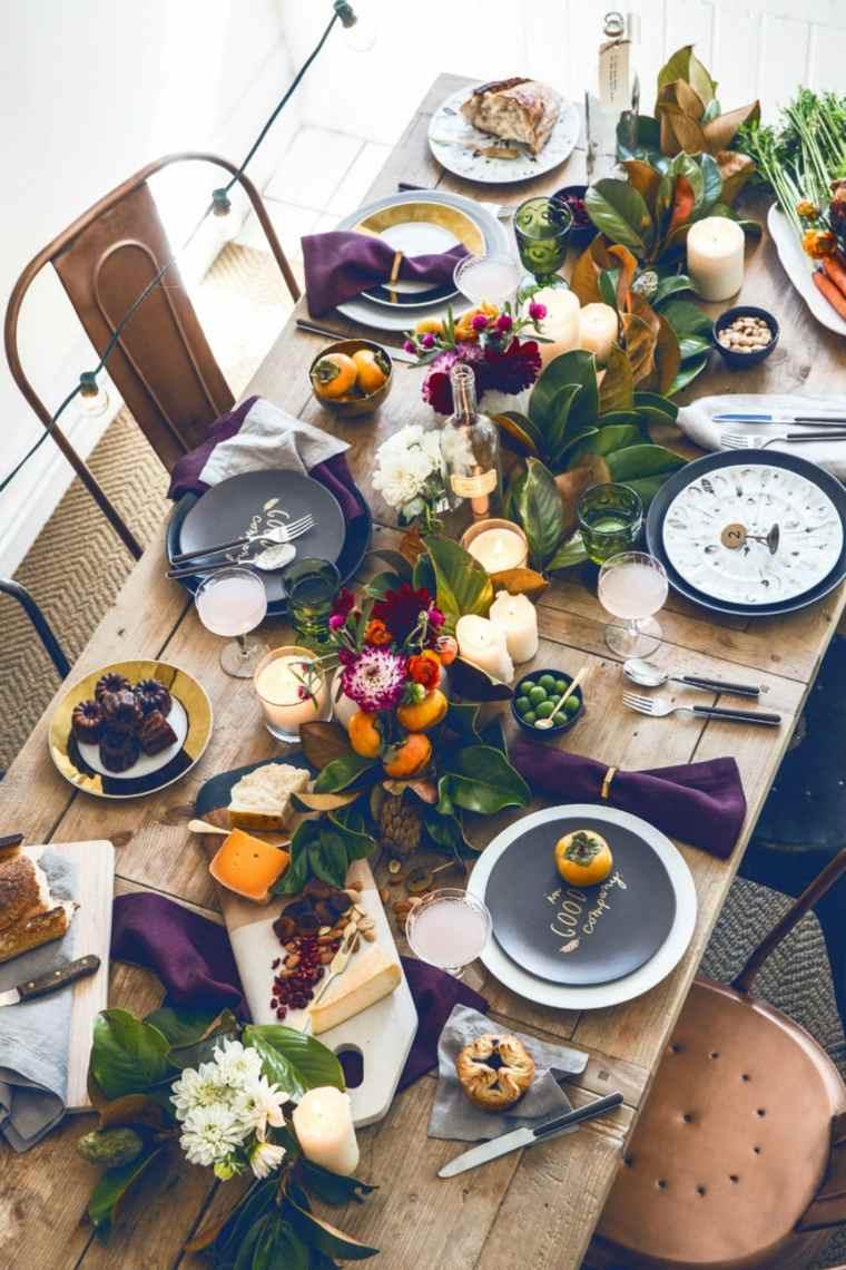 秋のテーブルデコレーションアイデア植物木製テーブル