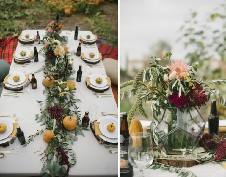 Tavolo da esterno decorare idea pigne bouquet di fiori