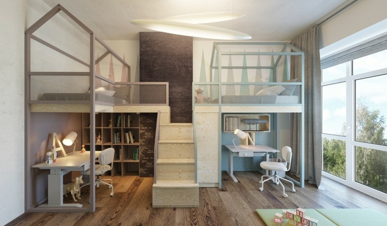bendras kambarys ir mišrus kambarys su vaikų lovomis