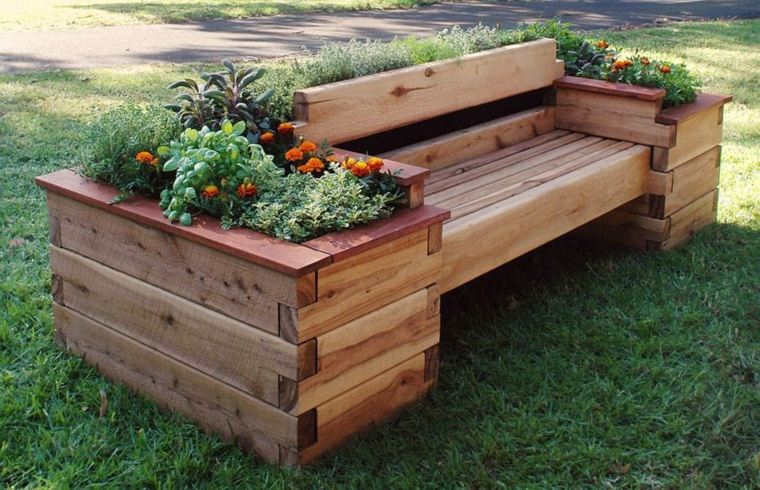 木製の庭のベンチプランターは、屋外の家具スペースを配置することを考えています