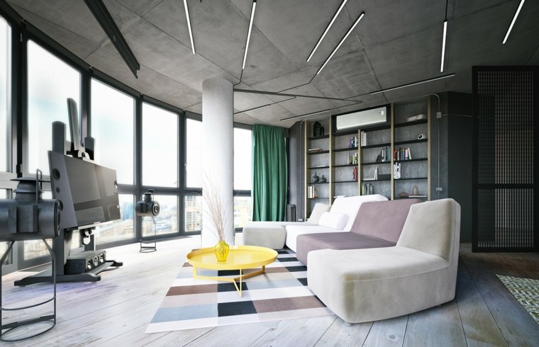室内装飾リビングルームのアイデア黄色のソファカーペットの床のデザイン