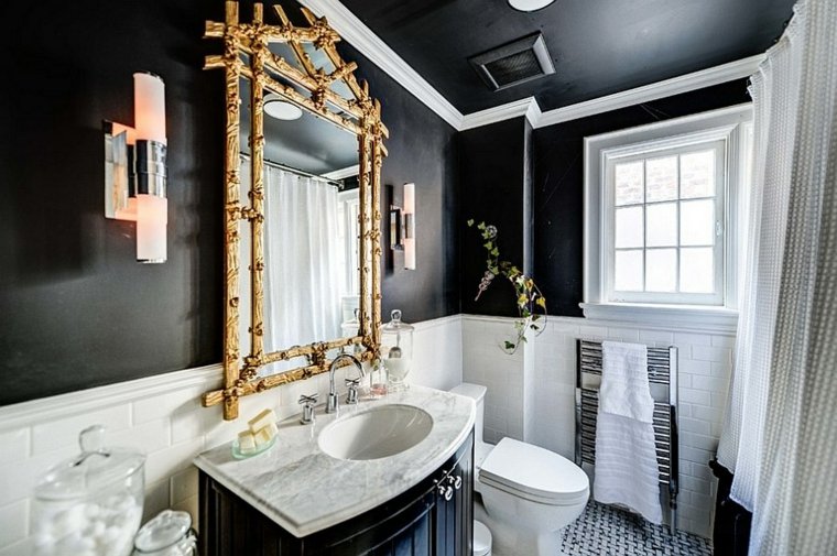 papuošti tualeto idėją veidrodžio medžio užuolaida balto marmuro interjero juodos sienos šviestuvas