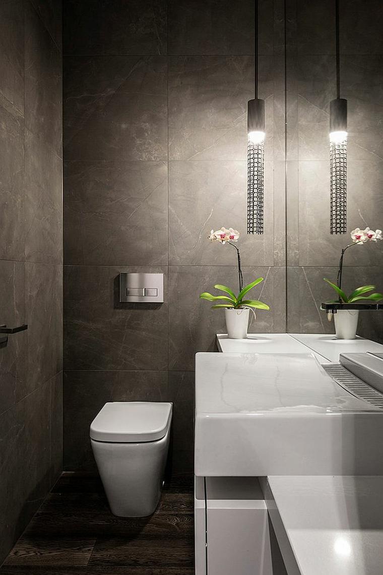 dekoravimo idėja pilkas interjero tualetas vazoninis kabantis šviestuvas