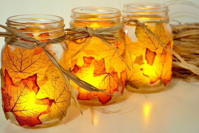 dekoratyviniai stiklainiai rudeniniai lapai