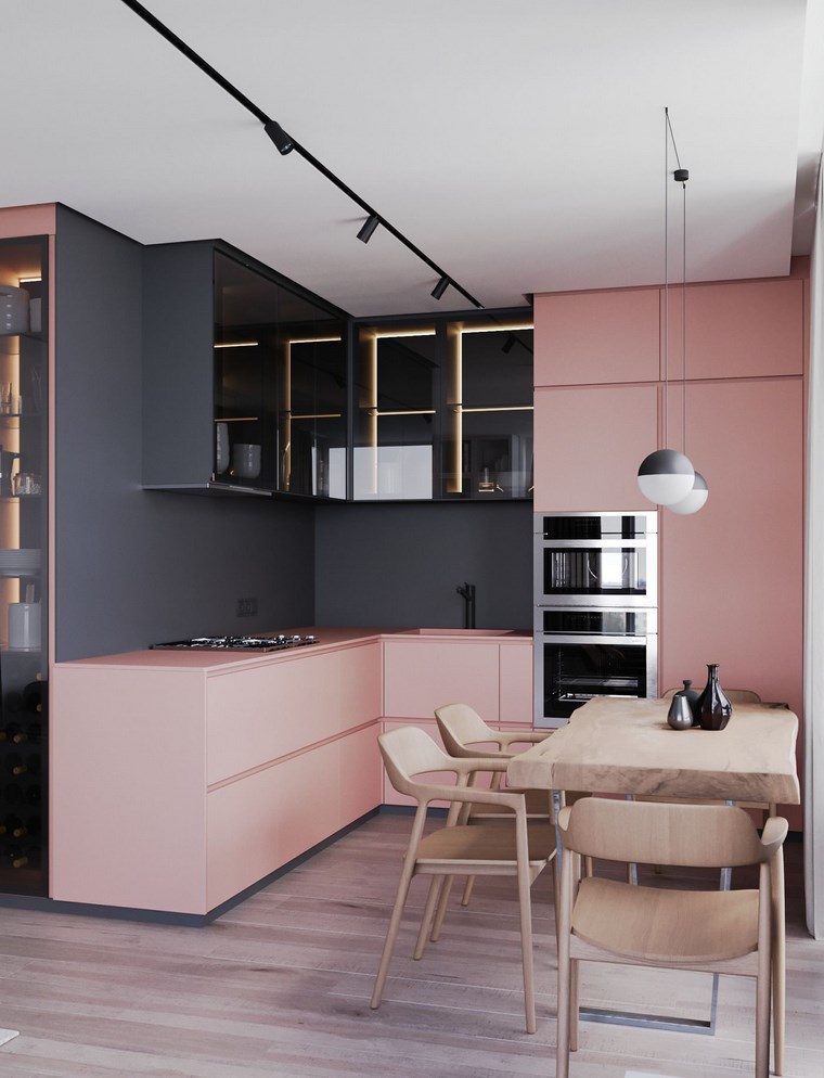 piano di lavoro della cucina grigio e rosa