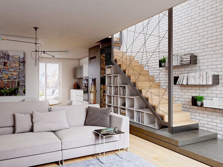 šiuolaikinio dizaino medinių laiptų idėja plytų siena šviesiai pilka sofa