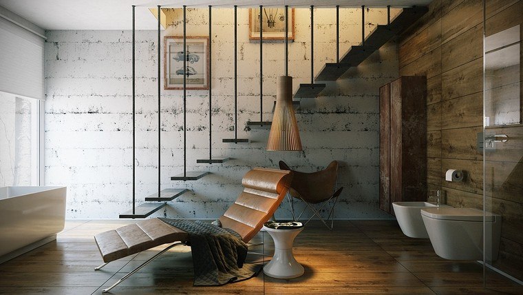 Ideje za industrijski interijer modernog dizajna stubišta od kožne fotelje