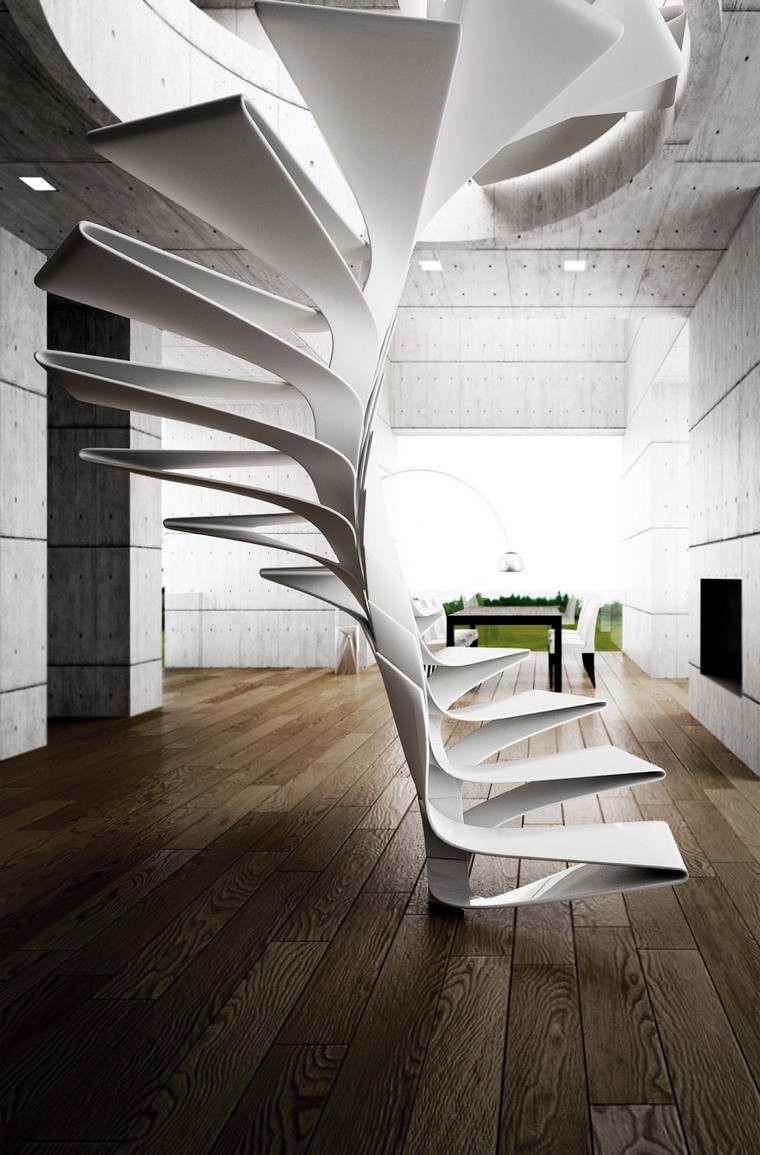 Moderan bijeli stubišni unutarnji dizajn drvenog parketa