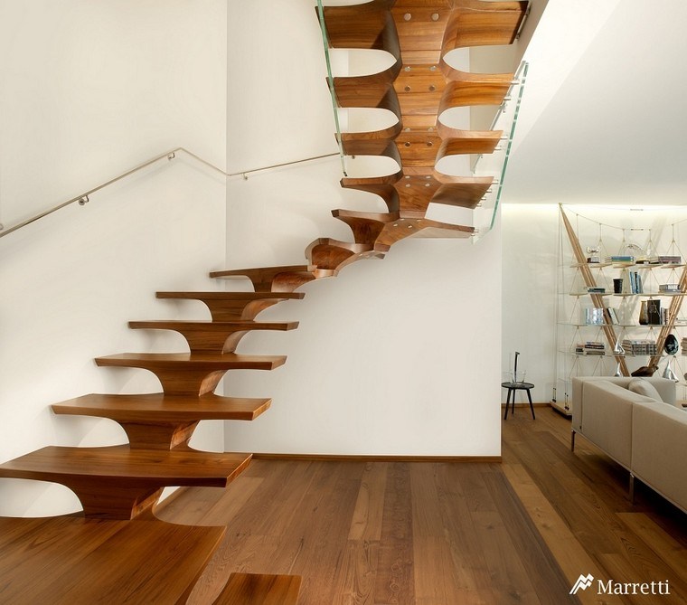 lépcsőház fa belsőépítészeti lakás modern belső ötlet