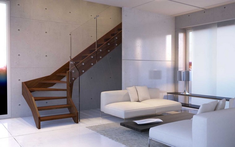 modern belső fa lépcsőház ötlet fehér kanapé nappali design