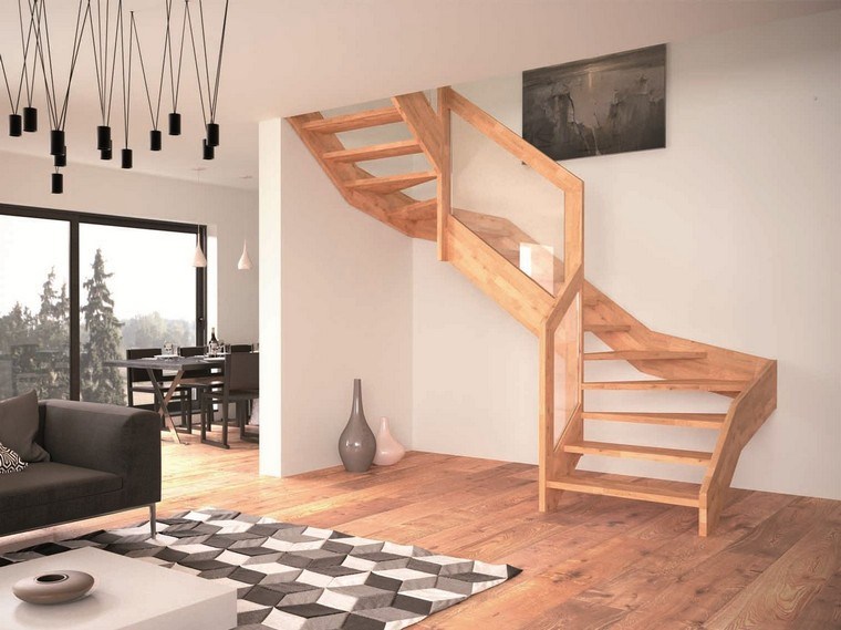 belső lépcsőház fa tervezési ötlet parketta fa függő világos fekete kanapé függő lámpatestek