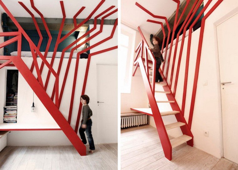 fa lépcsőház tervezés piros fém keret modern divatos belső tér