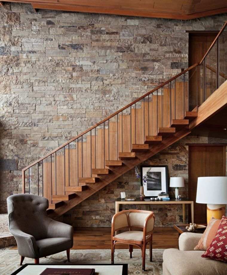 scala moderna interior design modello ringhiera in legno rivestimento della parete in pietra