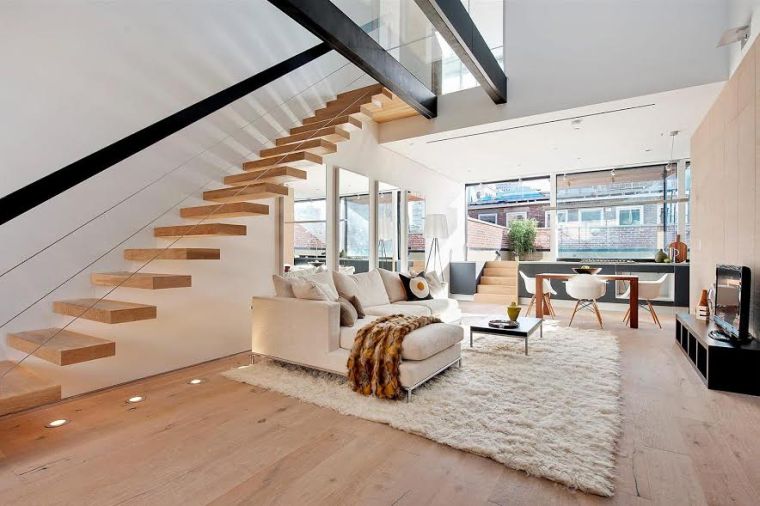 pakabinami laiptai medinis interjeras modernaus dizaino baltų dažų spalvos svetainė