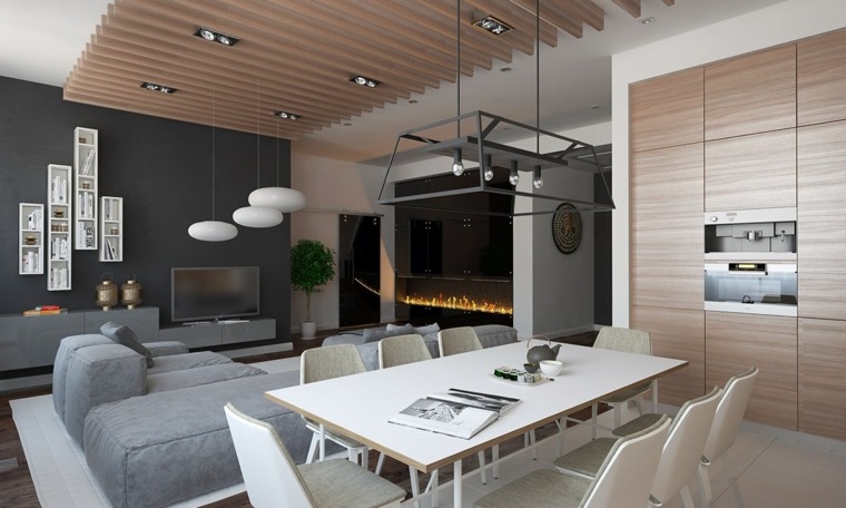 idea di design per soggiorno divano grigio tavolo in legno sedia design