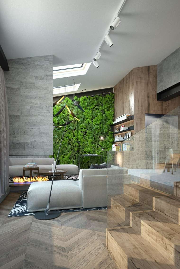 Soggiorno divano design parquet parete in legno idee verdi