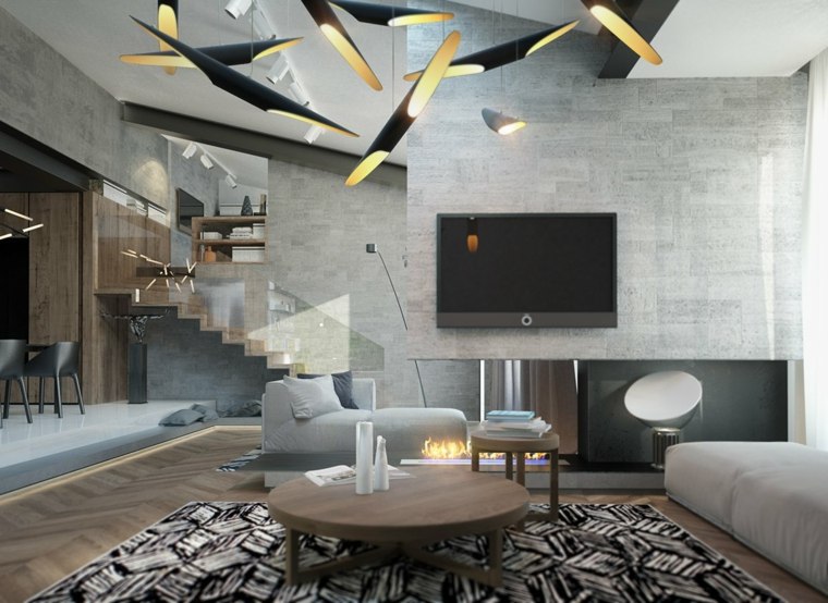 betonske zidne obloge moderan privjesak sa svjetlosnim dizajnom drveni stolić za kavu