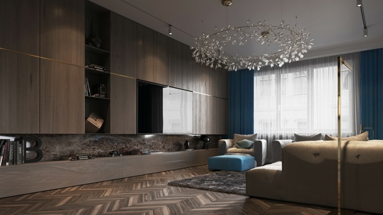 アパートのデザインのカーペットの床のソファを提供するための木製の壁のクラッディングのアイデア