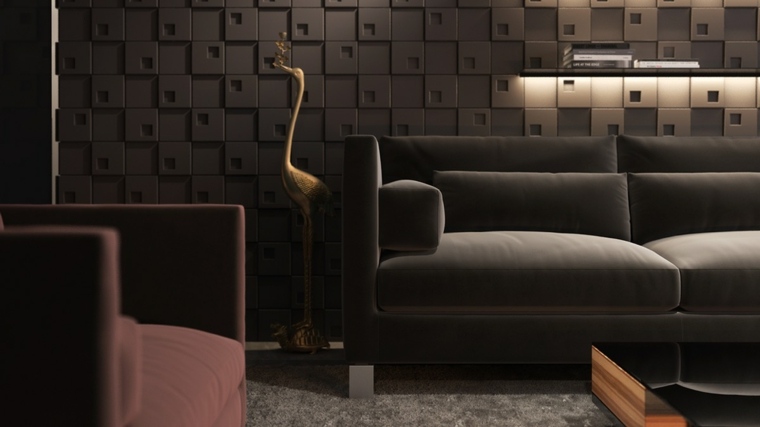 nappali belső öltöztetős fal modern design fekete kanapé deco párnák ötletek