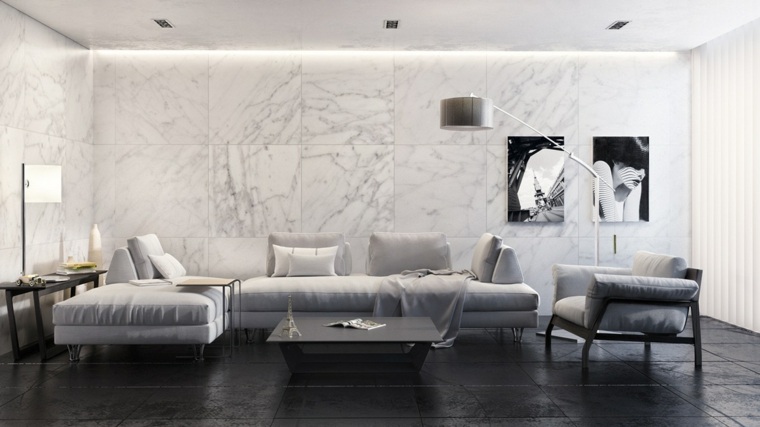 öltöztetős márvány fal design szürke kanapé párnák dekoráció ötlet fal kompozíció keretek