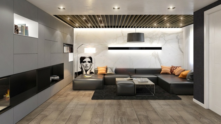 belső nappali kialakítás fekete sarok kanapé párnák deco keret fal márvány bútor helytakarékos nappali álmennyezet