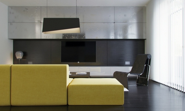 sárga kanapé fali panel ötlet tv szekrény fekete karosszék tároló