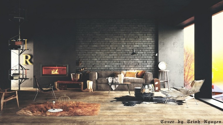 öltözzön fel fekete téglafal ötlet fali csempe tervezés felfüggesztés design kanapé párnák padlószőnyeg modern fa design karosszék