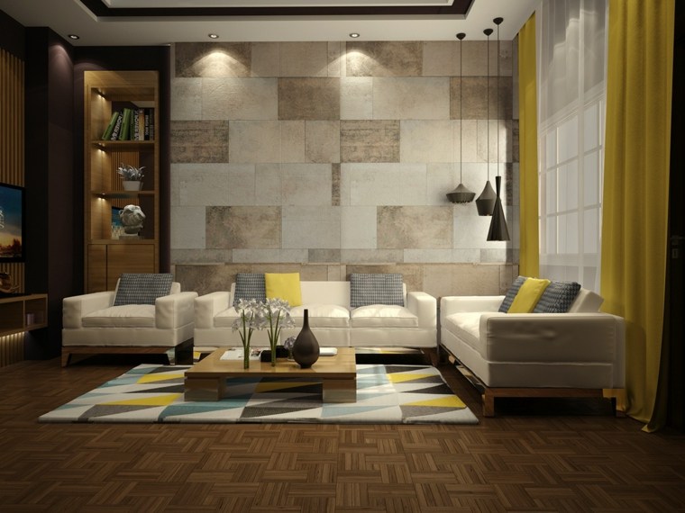 Öltöztesd fel egy kőfal nappalival díszítő függő világos padlószőnyeg fehér kanapé párnák tervezési ötletek