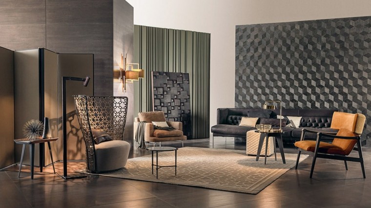 nappali belső öltöztetős fal 3D hatás design padlószőnyeg bézs fotel kanapé fekete bőr szék tároló polcok összecsukható képernyő