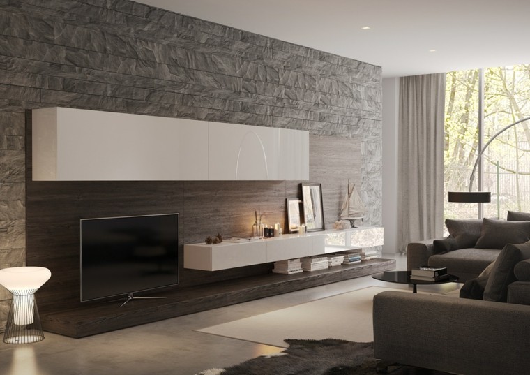 belső nappali fali dombormű design bútorok fehér lakkozott fa polcok szürke kanapé design párnák