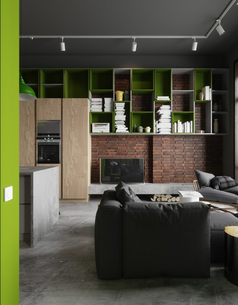 ipari belső ötlet fal tégla polcok fa tároló szekrény fekete kanapé modern design ötlet karosszék párnák