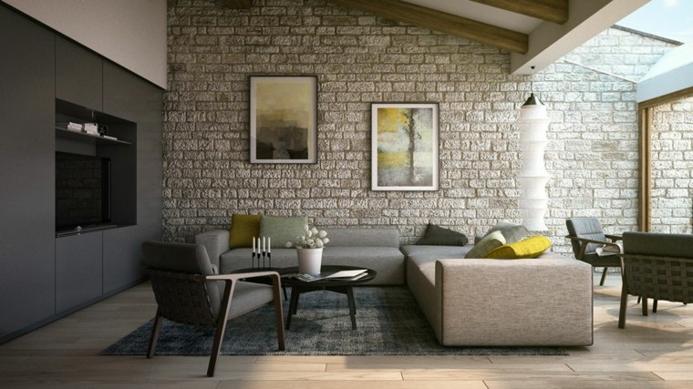 belső nappali fali tégla keretek deco asztal dekoráció fal sarok kanapé szürke alacsony fa asztal