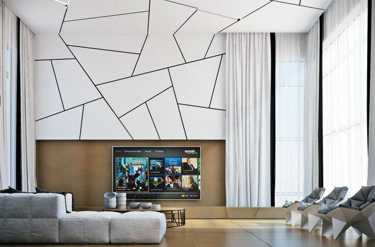 fehér geometriai fal design ötlet tv szekrény szürke kanapé fából készült asztal karosszék nappali design