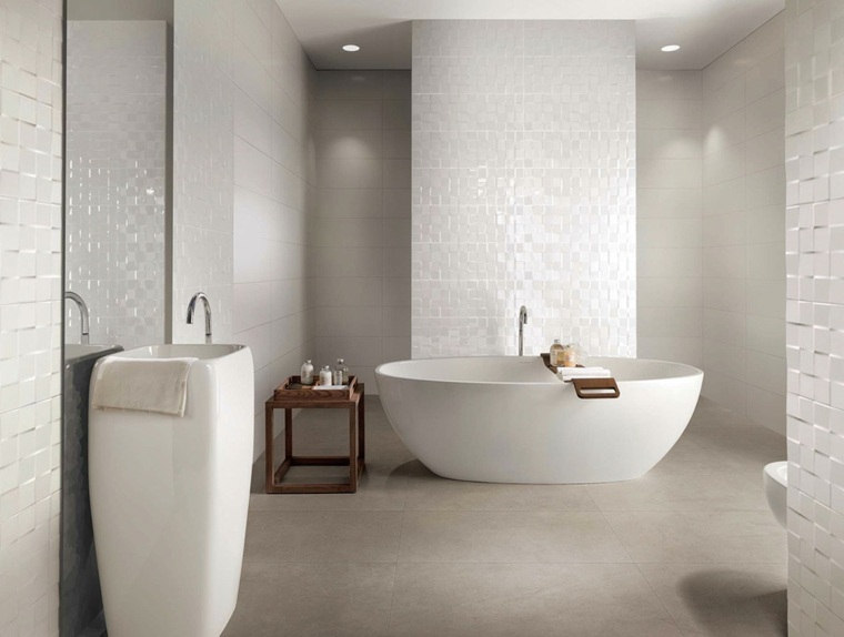 ideje za kupaonske pločice Lumina kolekcija bijela kada za kupanje dizajn drveni stolić za kavu