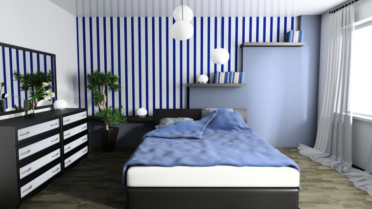 青い寝室-壁-壁紙-パターン-装飾のアイデア